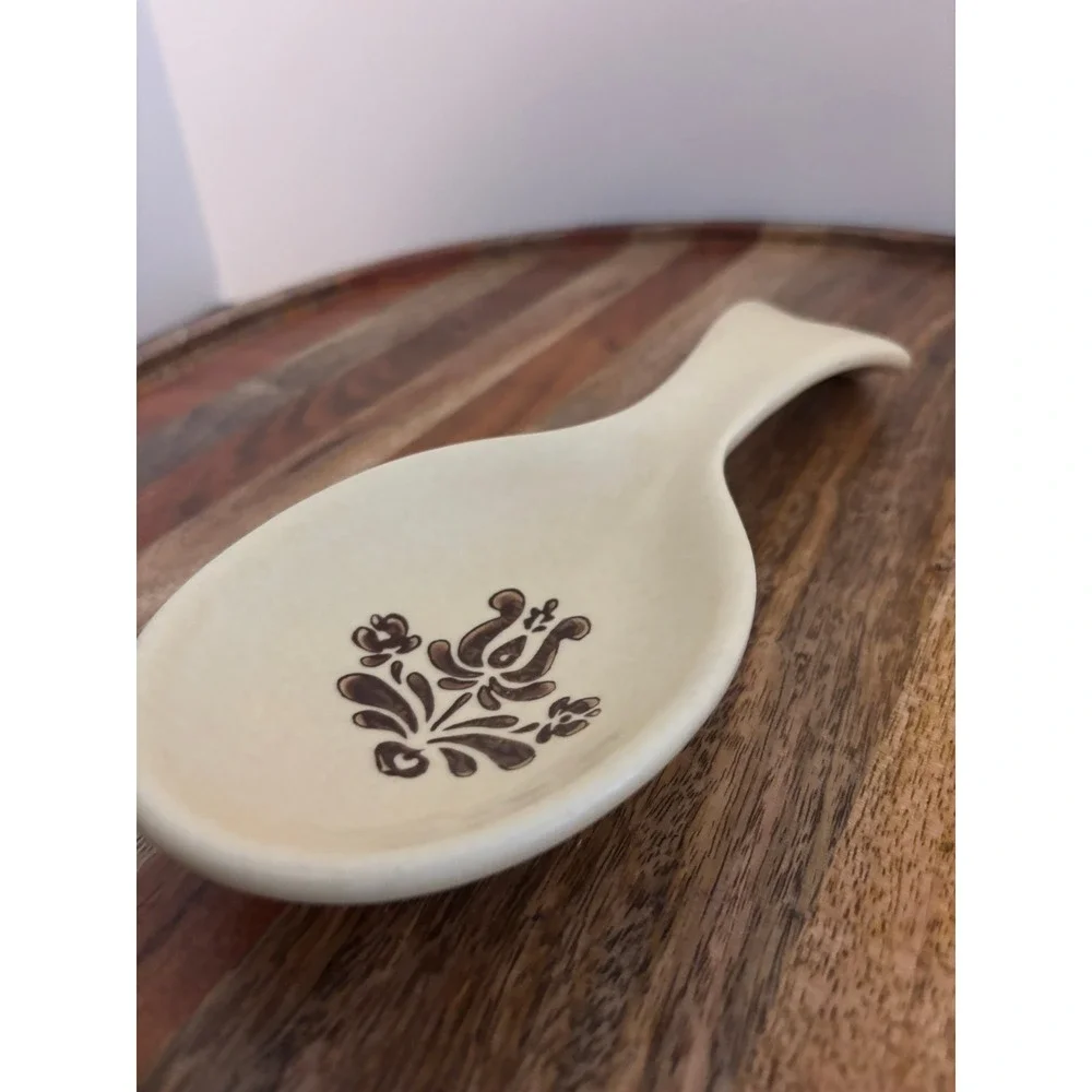 Pfaltzgraff Village Spoon Rest Stoneware Cream Brown Folk Art Floral Vintage
